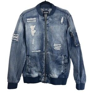 Contender Men's Distressed Multi Pocket Zip Up Cotton Denim Jean Jacket Size M